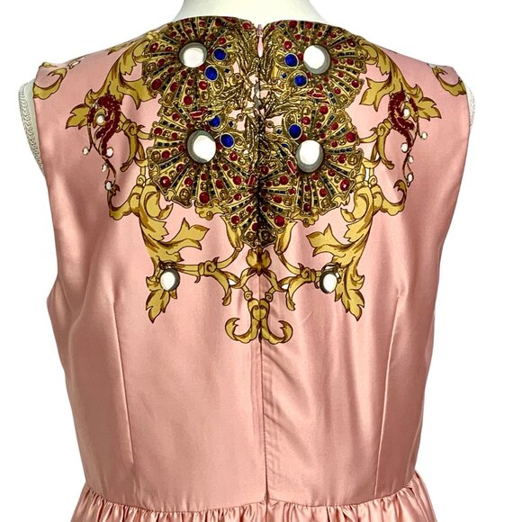 Joe Fresh Fit & Flare Pink Satin Cocktail Dress Size 8 Gold Blue Baroque Design - Picture 8 of 12